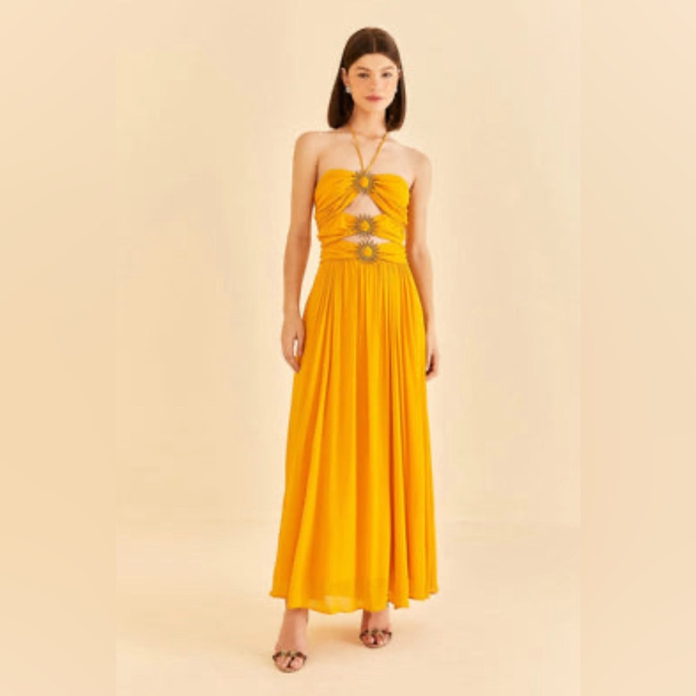 NWT Farm Rio Yellow Sleeveless Maxi Dress With Sun Buckle size S